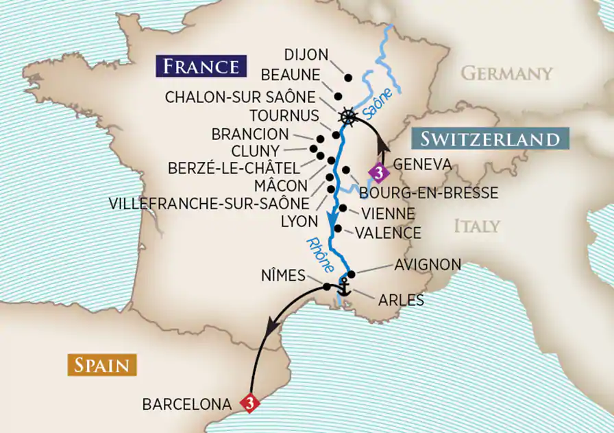 7 Nights | Essence of Burgundy & Provence CHALON-SUR-SAÔNE TO ARLES Map
