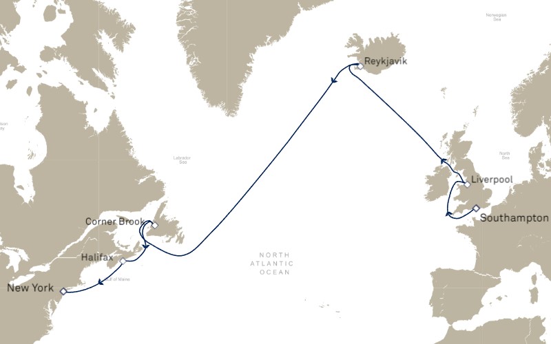 Northern Atlantic Westbound Crossing & Iceland London to New York Map